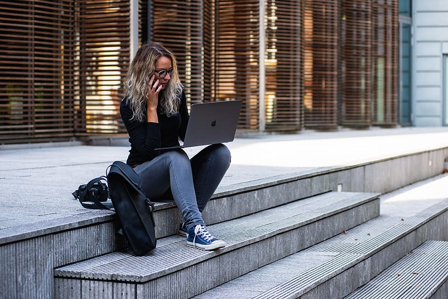 Woman Sitting on Stairs While Using Laptop, adult, architecture HD wallpaper