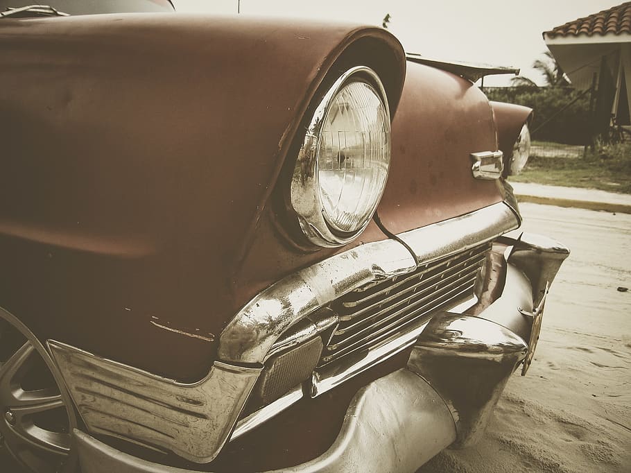 classic red car on road, light, headlight, tire, transportation HD wallpaper