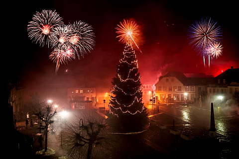 Christmas tree, nature, outdoors, ornament, plant, night, fireworks HD wallpaper