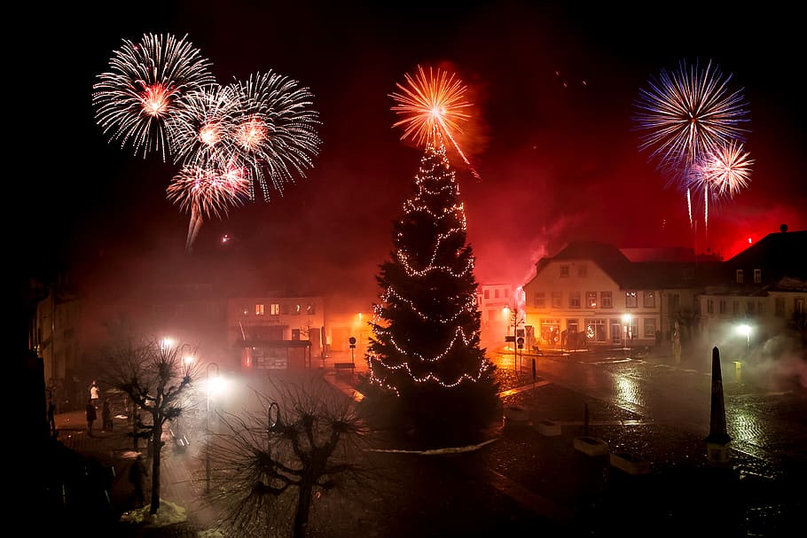 Christmas tree, nature, outdoors, ornament, plant, night, fireworks HD wallpaper
