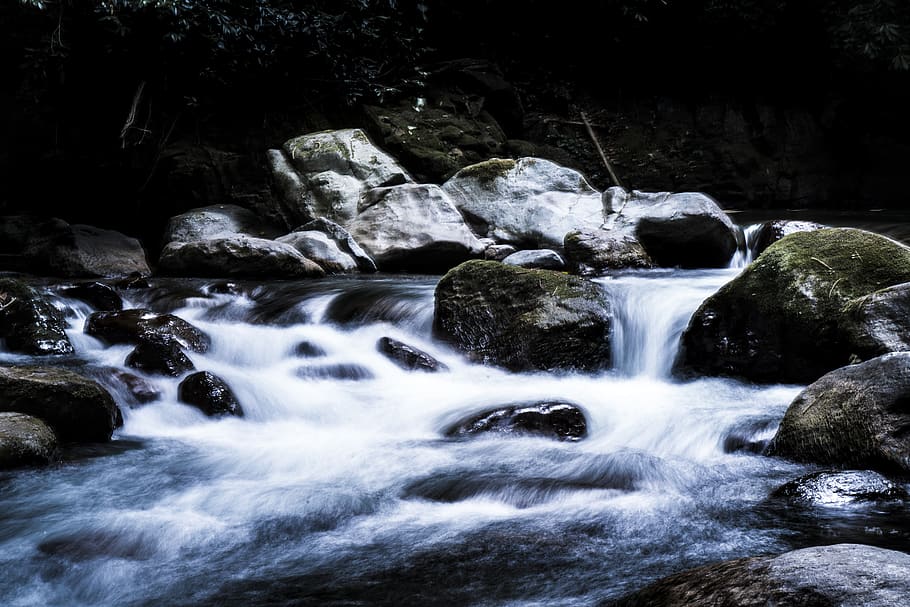 river, water, spash, lake, stream, slow, motion, forest, rock HD wallpaper