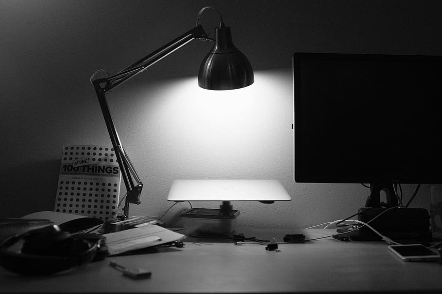 laptop, desk, black and white, desktop, workspace, mess, desk lamp