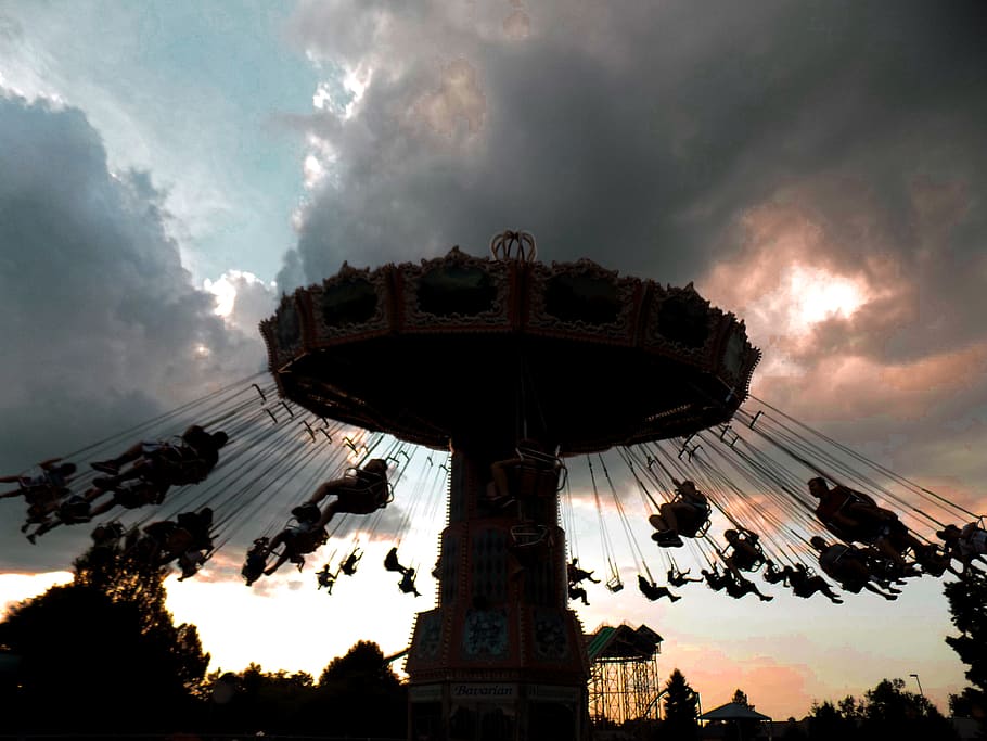 beige carousel under cumulud clouds, cloud - sky, low angle view HD wallpaper
