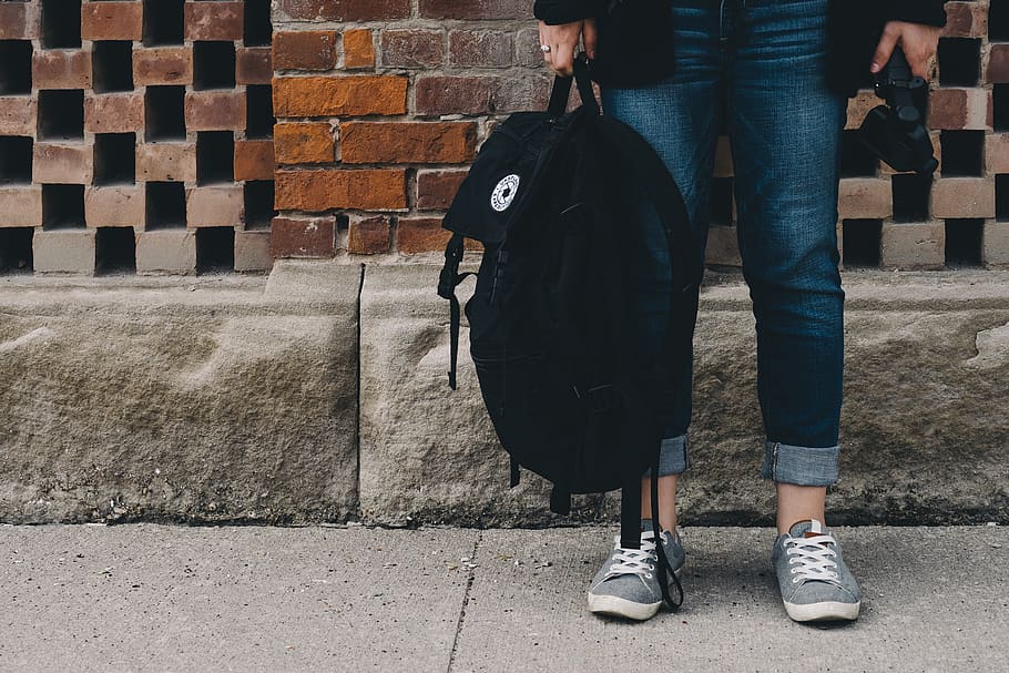 Person Standing and Carrying Bag, bricks, pants, pavement, road HD wallpaper