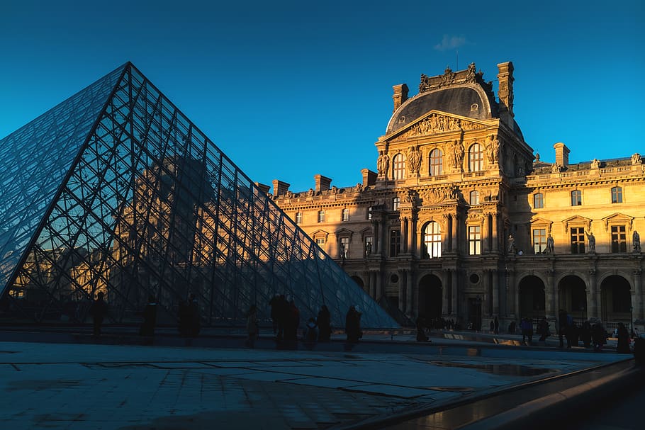 france, paris, musée du louvre, sunlight, architecture, pyramid, HD wallpaper