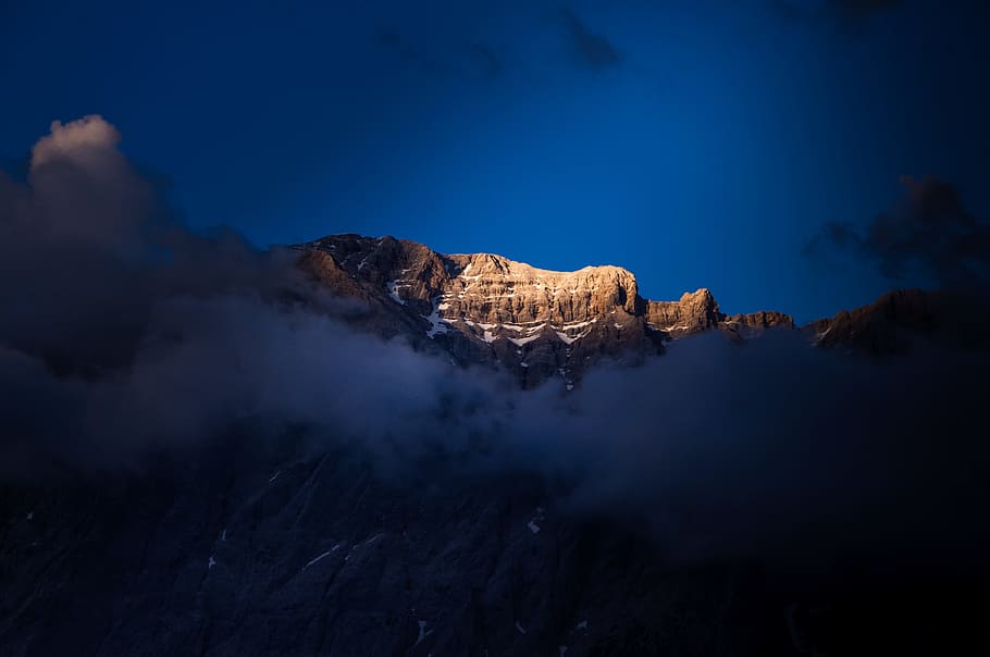 mountain, sky, light, blue, cloud, landscape, night, evening, HD wallpaper