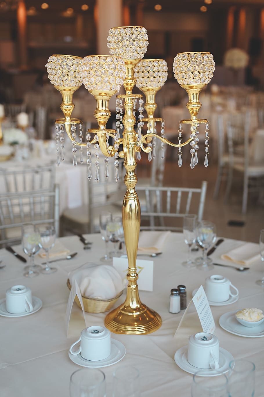 Brass Candelabra, banquet, beautiful, celebration, chair, close-up HD wallpaper