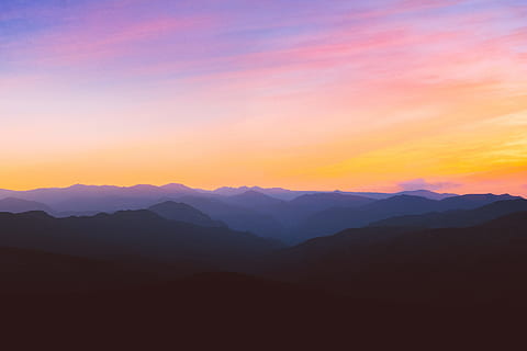 silhouette photo of mountain during golden hour, landscape, layer HD wallpaper