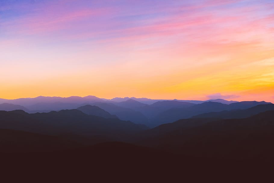 silhouette photo of mountain during golden hour, landscape, layer HD wallpaper