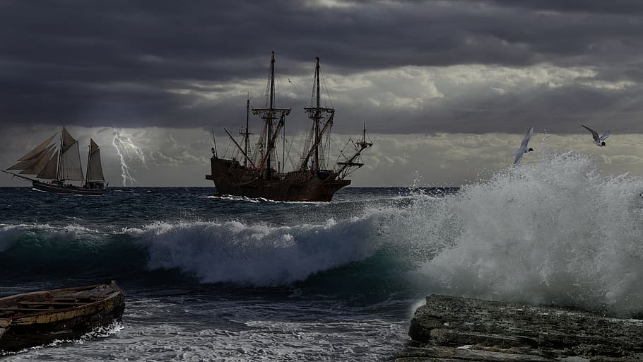 ship, sea, assembly, ocean, sailing boat, sailing vessel, blue HD wallpaper