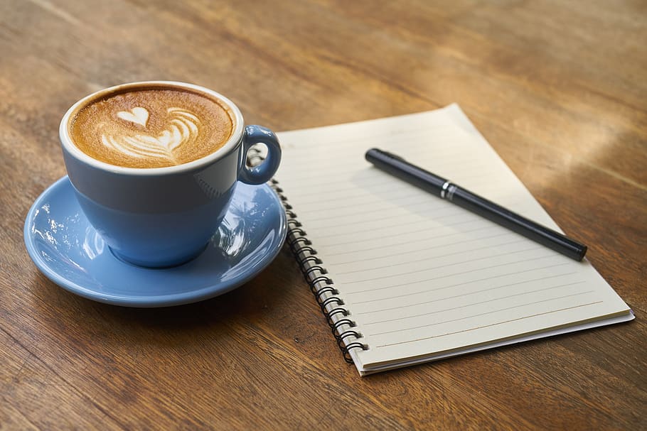 Coffee on Saucer Beside the Notebook, beverage, blue, brown, caffeine HD wallpaper