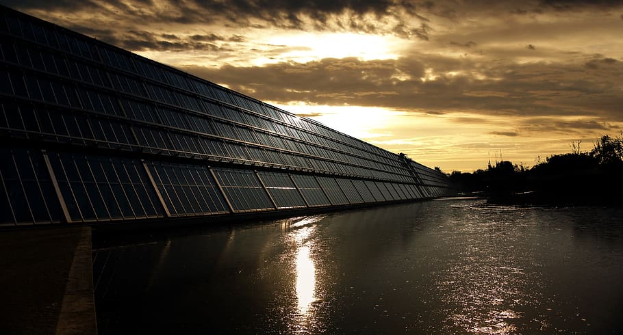Black Solar Panel Near Calm Body of Water, clouds, dark, dawn HD wallpaper