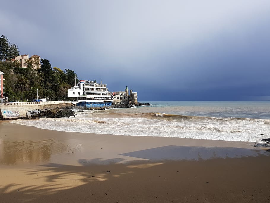 castle, coast, gray, blue, water, sea, beach, land, sand, sky HD wallpaper