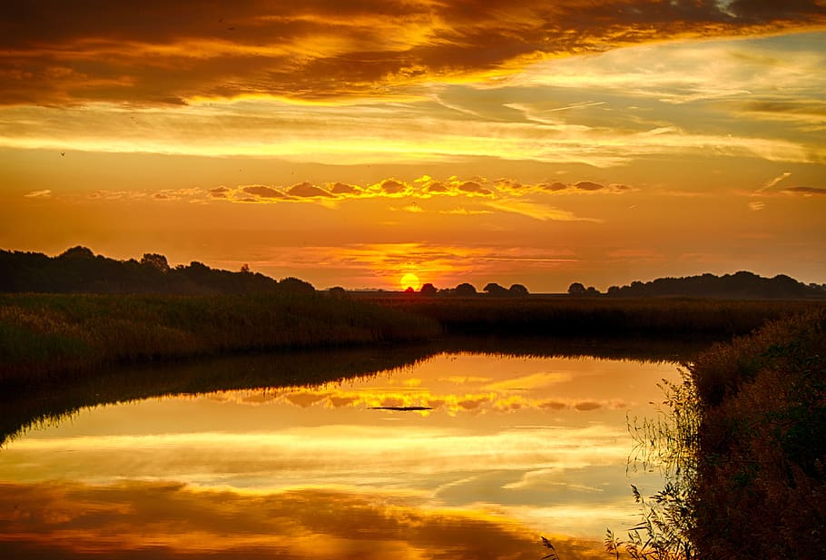 sunrise, snape, river, reflection, sunset, sky, scenics - nature HD wallpaper