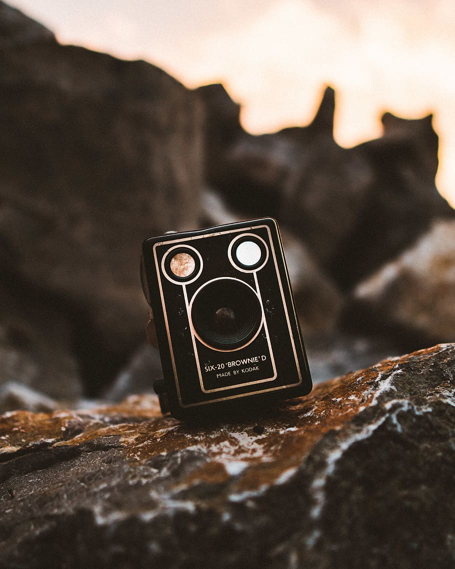black camera, mountain, old, bokeh, rock, vintage, old camera HD wallpaper