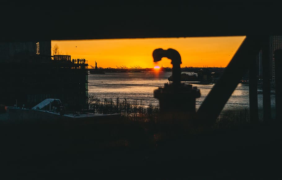 sunset, silhouette, nature, sunlight, building, outdoors, flare HD wallpaper