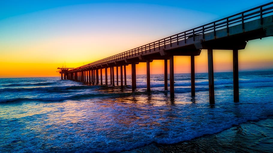 Orange Sunset Overseeing Through Long Bridge, dawn, dock, horizon HD wallpaper