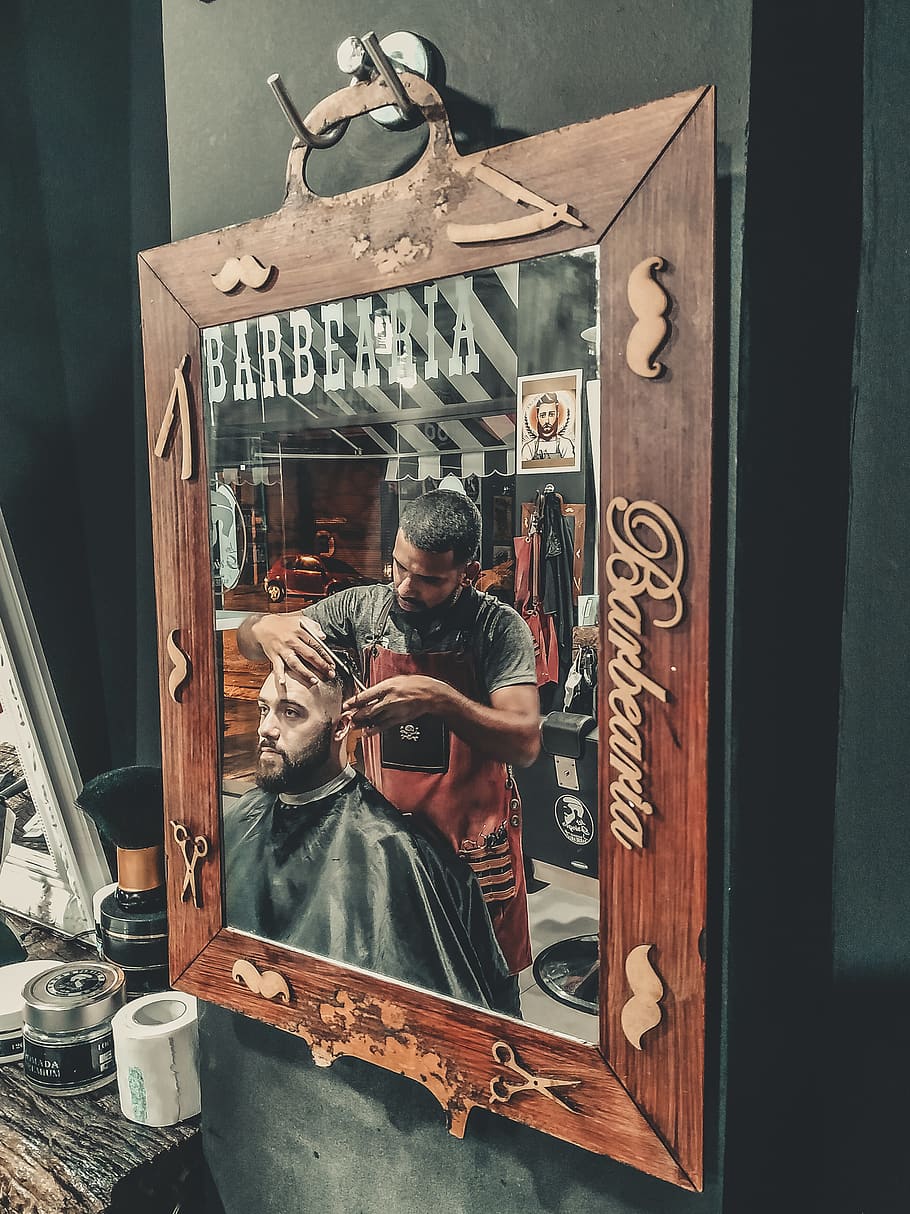 Reflection Of Men On Mirror, barber, barbershop, people, one person