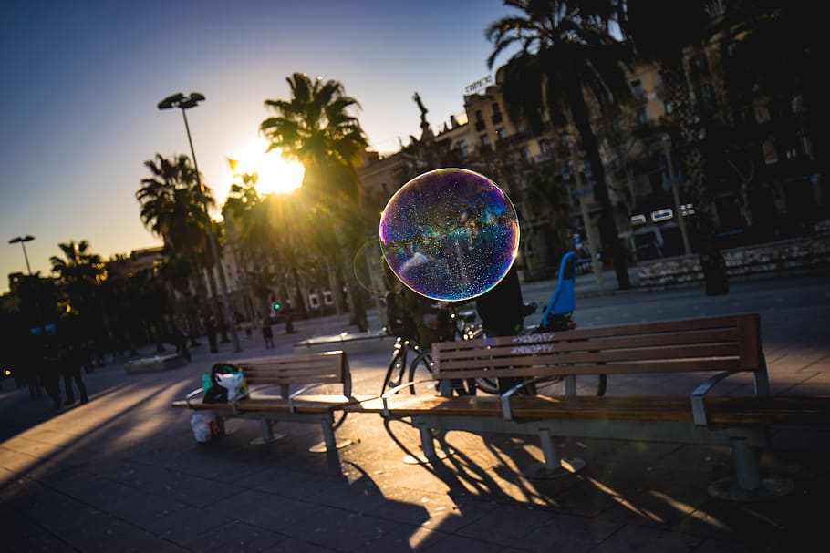 barcelona, spain, bubble, bubbles, float, air, summer, sunshine