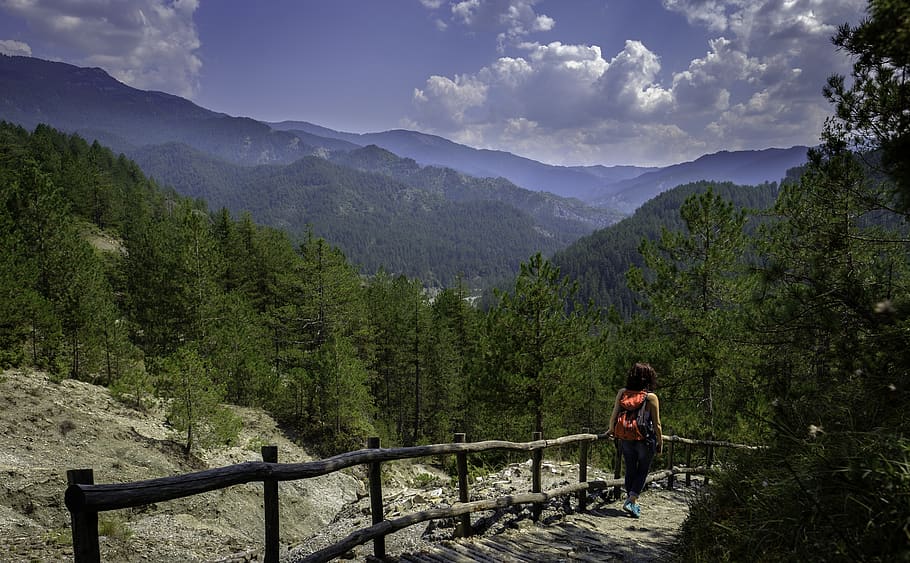 path, woman, mountains, forest, nature, walking, outdoor, landscape HD wallpaper
