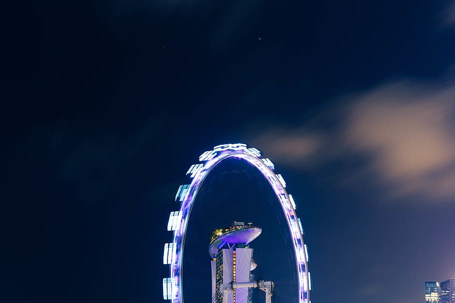 lighted ferris wheel, amusement park, theme park, lighting, machine HD wallpaper
