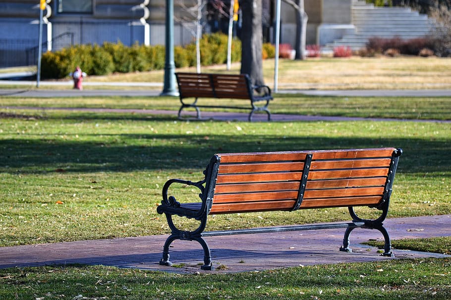 Black and Brown Bench Near Grass Field, benches, colors, daytime HD wallpaper