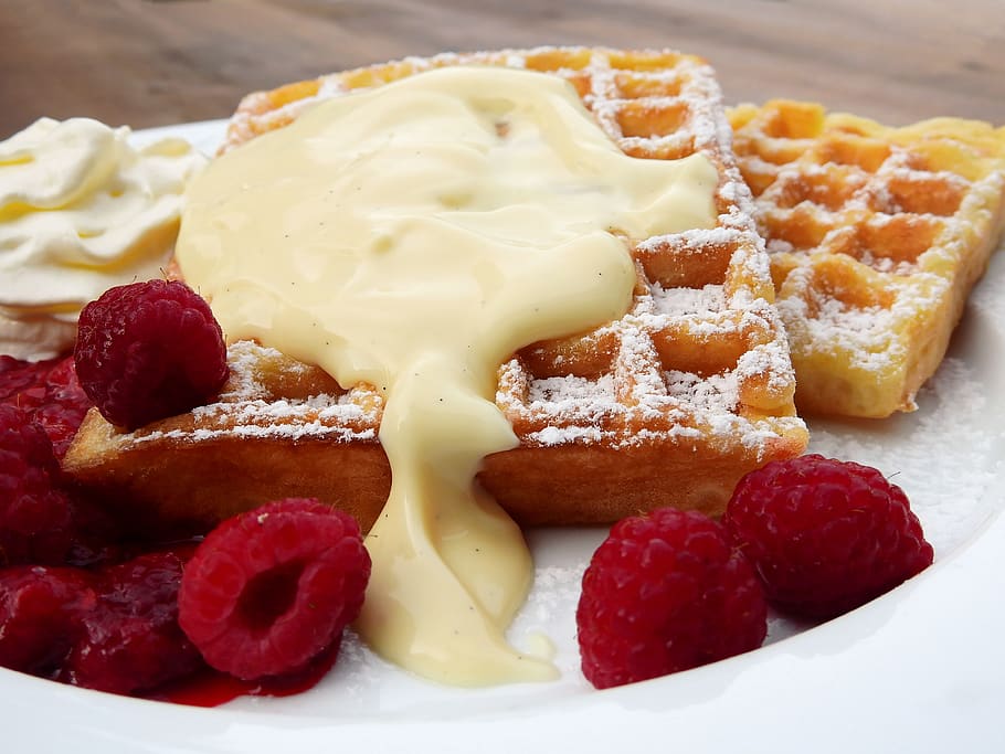 Plate of Waffles and Raspberries, berry, cake, close-up, cream HD wallpaper