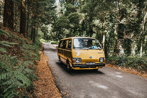 brown van at road under green trees, road trip, camper van, camping HD wallpaper