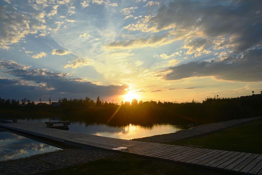 sunset, roads, crossing, nature, light, twilight, summer, clouds HD wallpaper