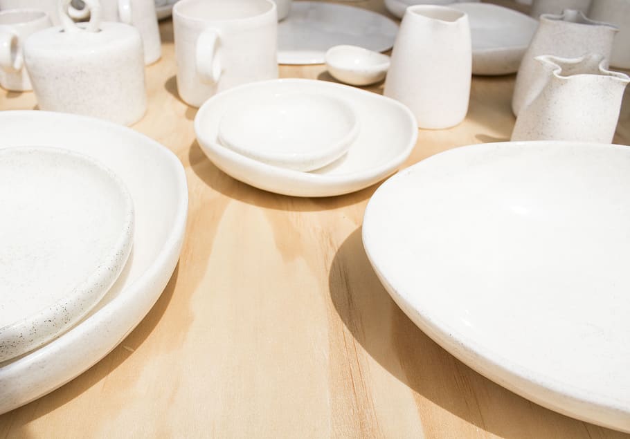 white ceramic dinnerware on table, indoors, plate, ceramics, no people HD wallpaper
