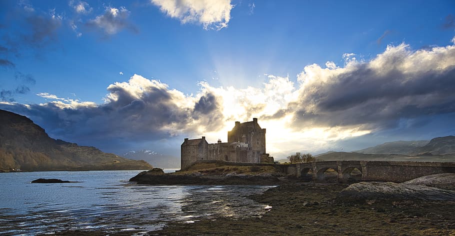 Concrete Building Beside Body Of Water, castle, clouds, daylight HD wallpaper