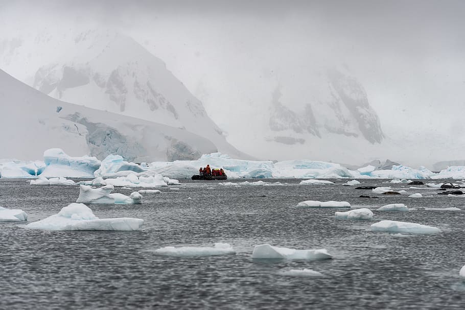 people on ice, nature, outdoors, mountain, snow, iceberg, boat HD wallpaper