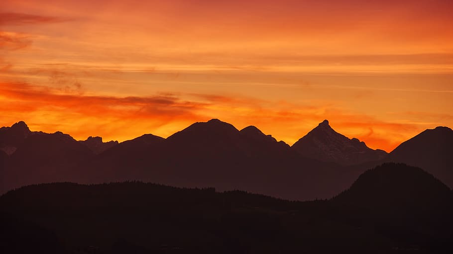 Silhouette of Mountains during Golden Hour, clouds, dawn, daylight HD wallpaper