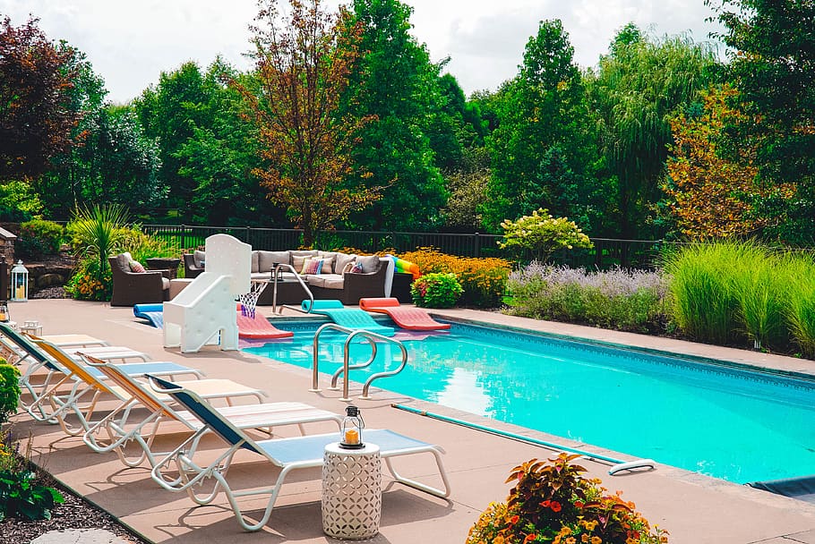 trees, pool, swimming pool, chair, seat, plant, water, poolside HD wallpaper