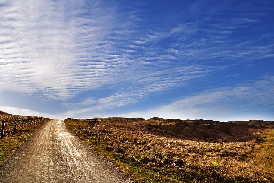 path, sky, landscape, nature, trail, field, away, road, panorama HD wallpaper