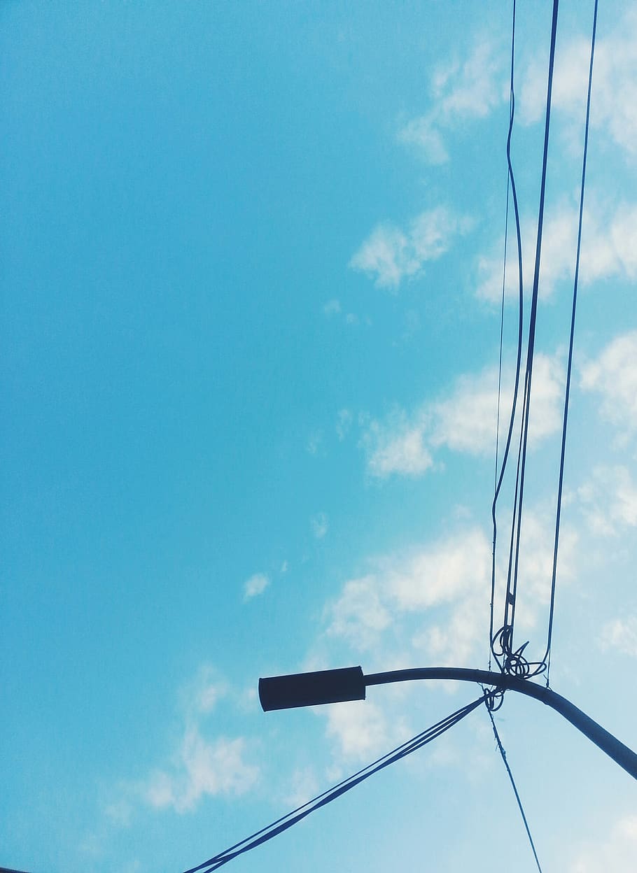 sky, blue, light, line, cloud, photo, cable, low angle view HD wallpaper