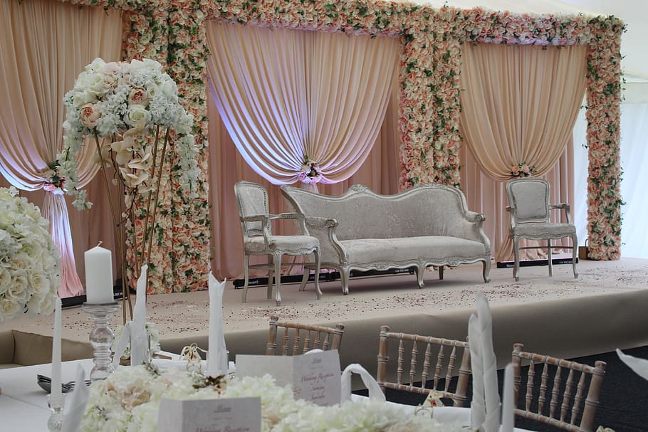 asian, wedding, decor, bridal, chair, curtain, seat, indoors, HD wallpaper