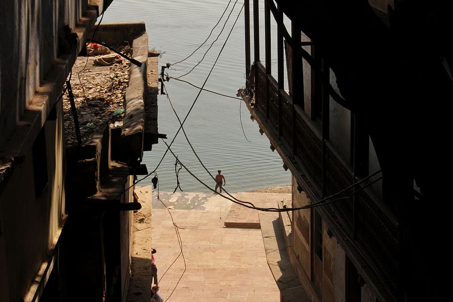 ganga, holywater, bathe, dipin, wires, electricpole, old building
