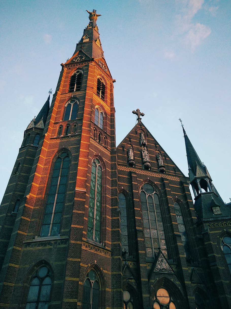 netherlands, eindhoven, church, architecture, sunset, brick, HD wallpaper