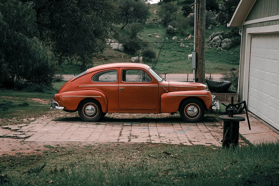 parked orange coupe, mode of transportation, land vehicle, plant HD wallpaper