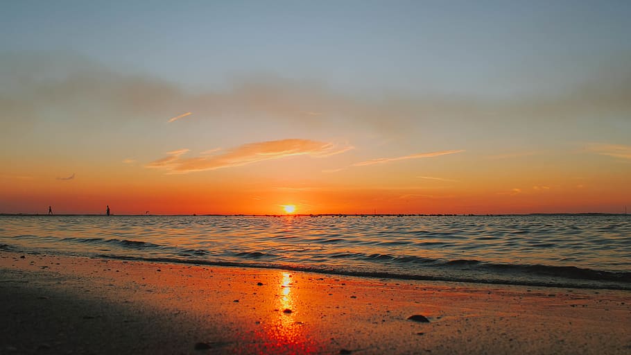 ocean view at sunset, nature, outdoors, sky, beach, red sky, dusk HD wallpaper