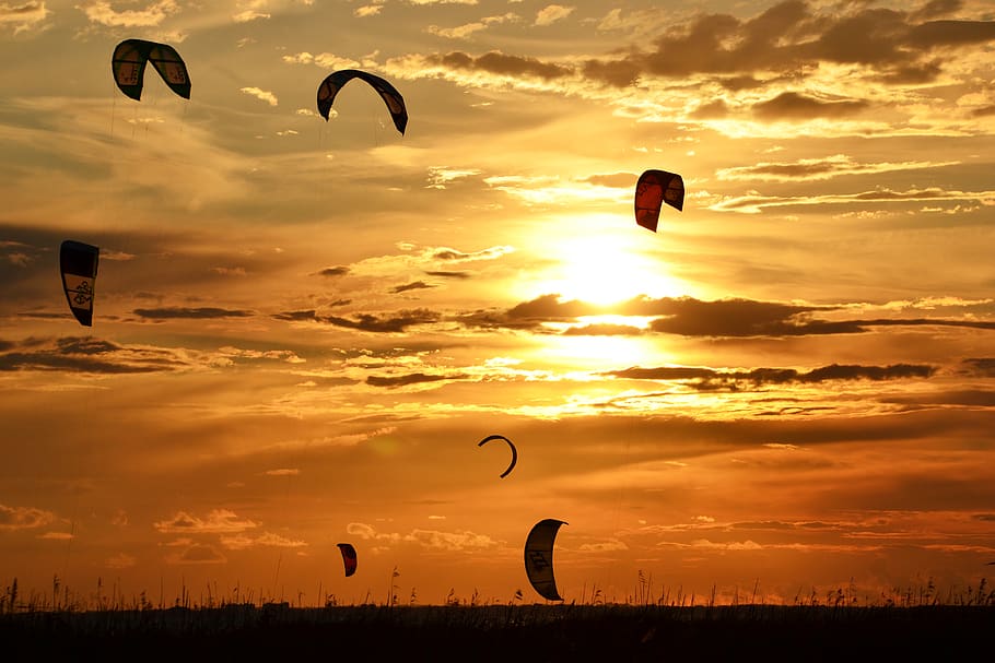 leisure activities, adventure, gliding, parachute, kite, sunset, HD wallpaper