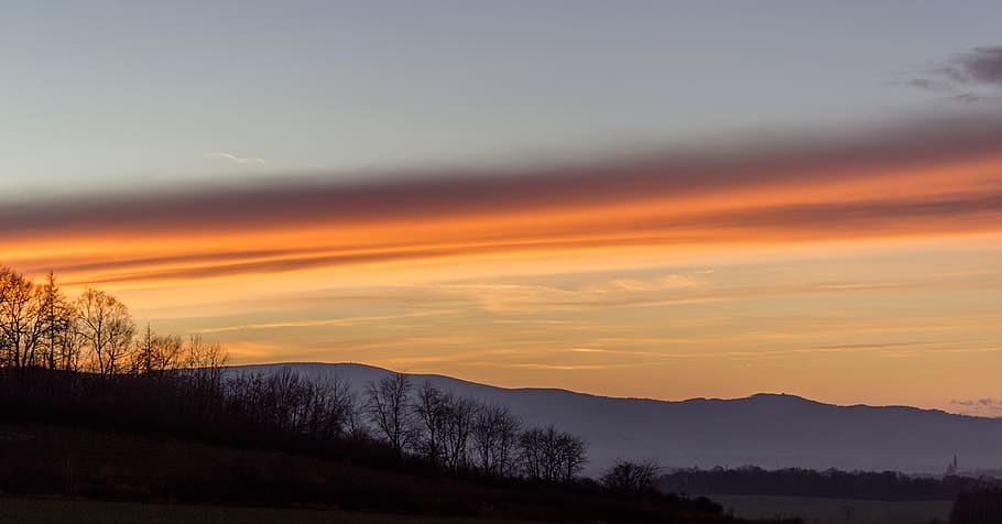 sky, sunrise, sunset, clouds, red, yellow, mountains, scenics - nature HD wallpaper