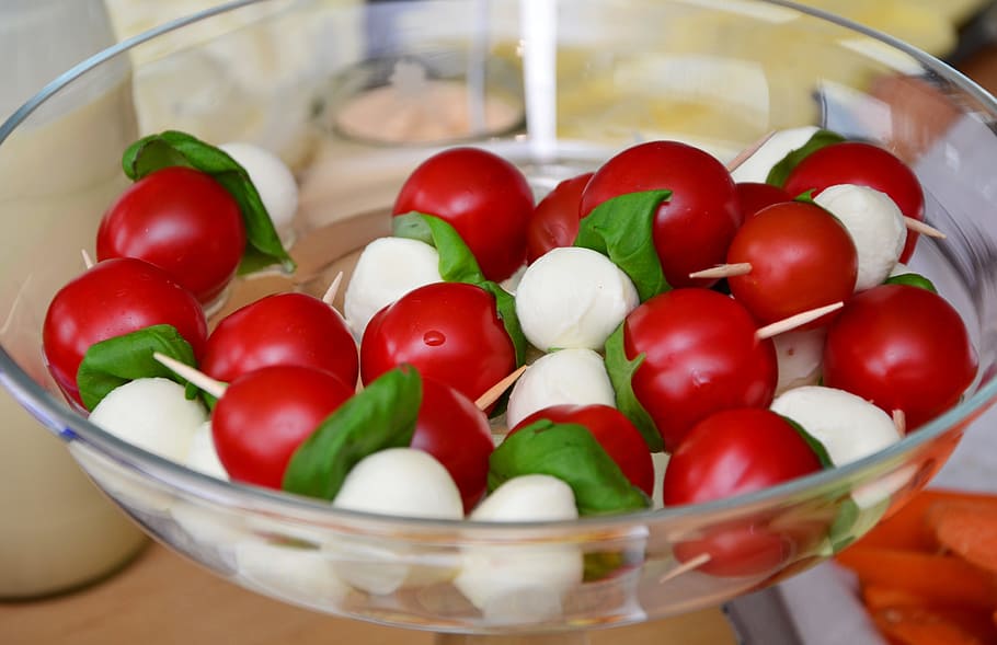 Red Round Fruit Served on Clear Glass Bowl, appetizer, basil