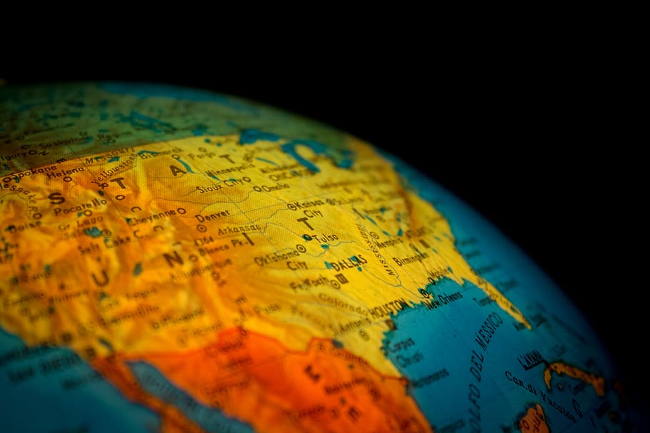 Yellow Map, blur, close-up, continent, focus, geography, globe, HD wallpaper
