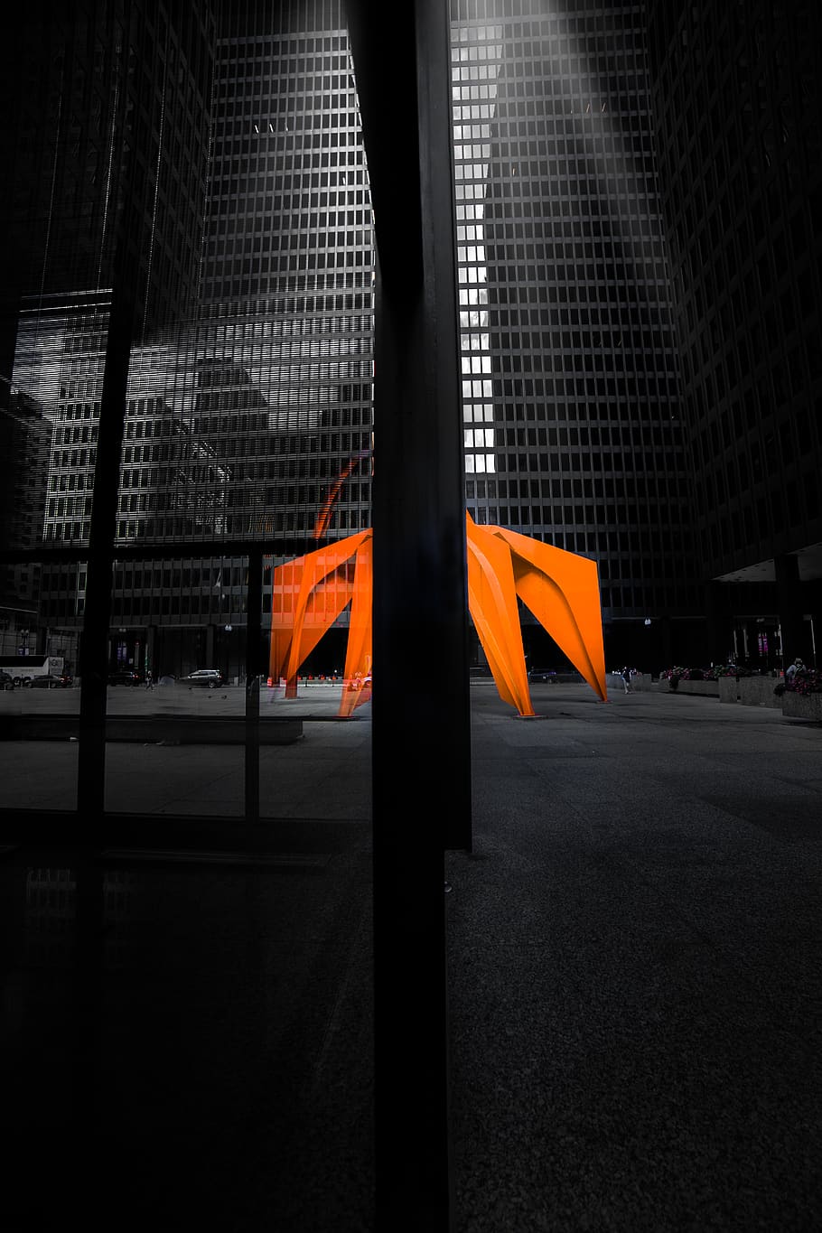 Orange Tent Infront Of A Building, architecture, city, dark, downtown, HD wallpaper