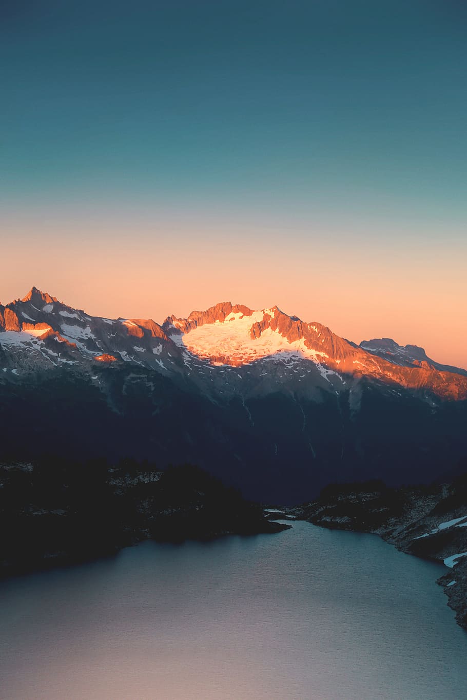 snow capped mountain near lake at daytime, alpine, sunlight, mountain ridge, HD wallpaper