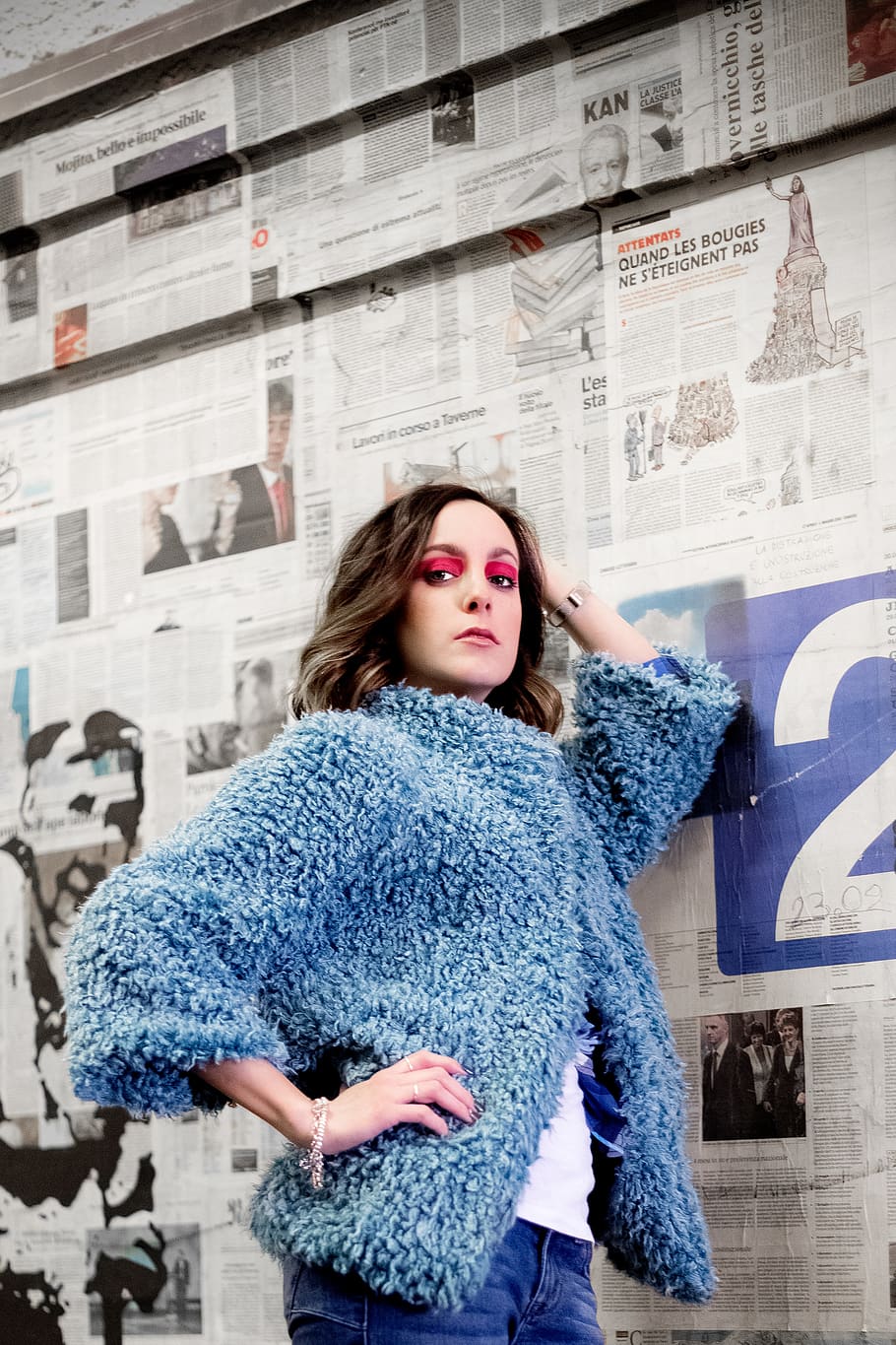 Woman in Blue Fleece Coat Standing Beside Board, beautiful, fashion, HD wallpaper