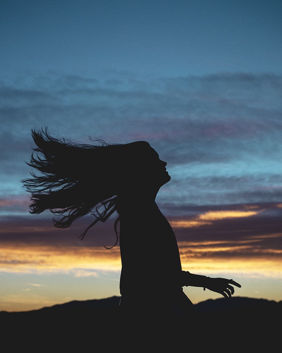 Blue Sky, silhouette, sunset, outdoors, hair, nature, human, person HD wallpaper