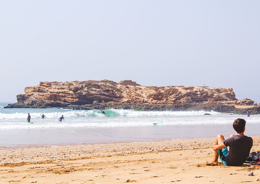 morocco, tamraght, beach, land, water, sea, sand, real people HD wallpaper